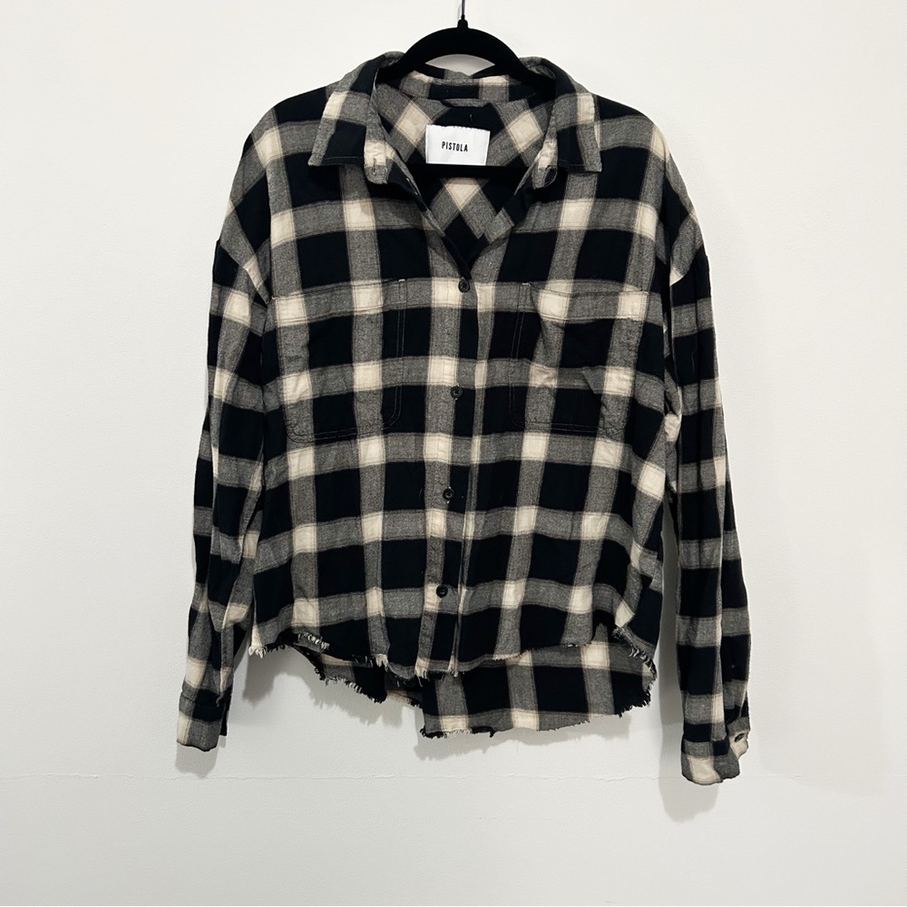 Pistola Black and Cream Plaid Button Down Long Sleeve Shirt with Raw Hem Size L